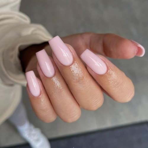 Dusty Pink Long Medium Press on Nails Coffin Nails Press Ons glossy pale pink