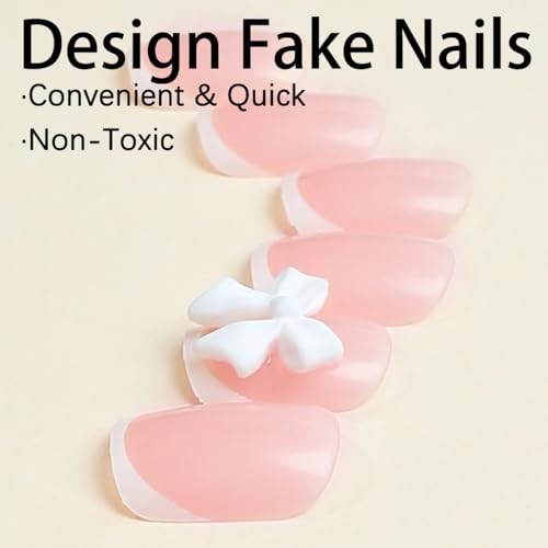 24Pcs Color Press On Nails – Short Square, White French Tip, Full Nude Pink