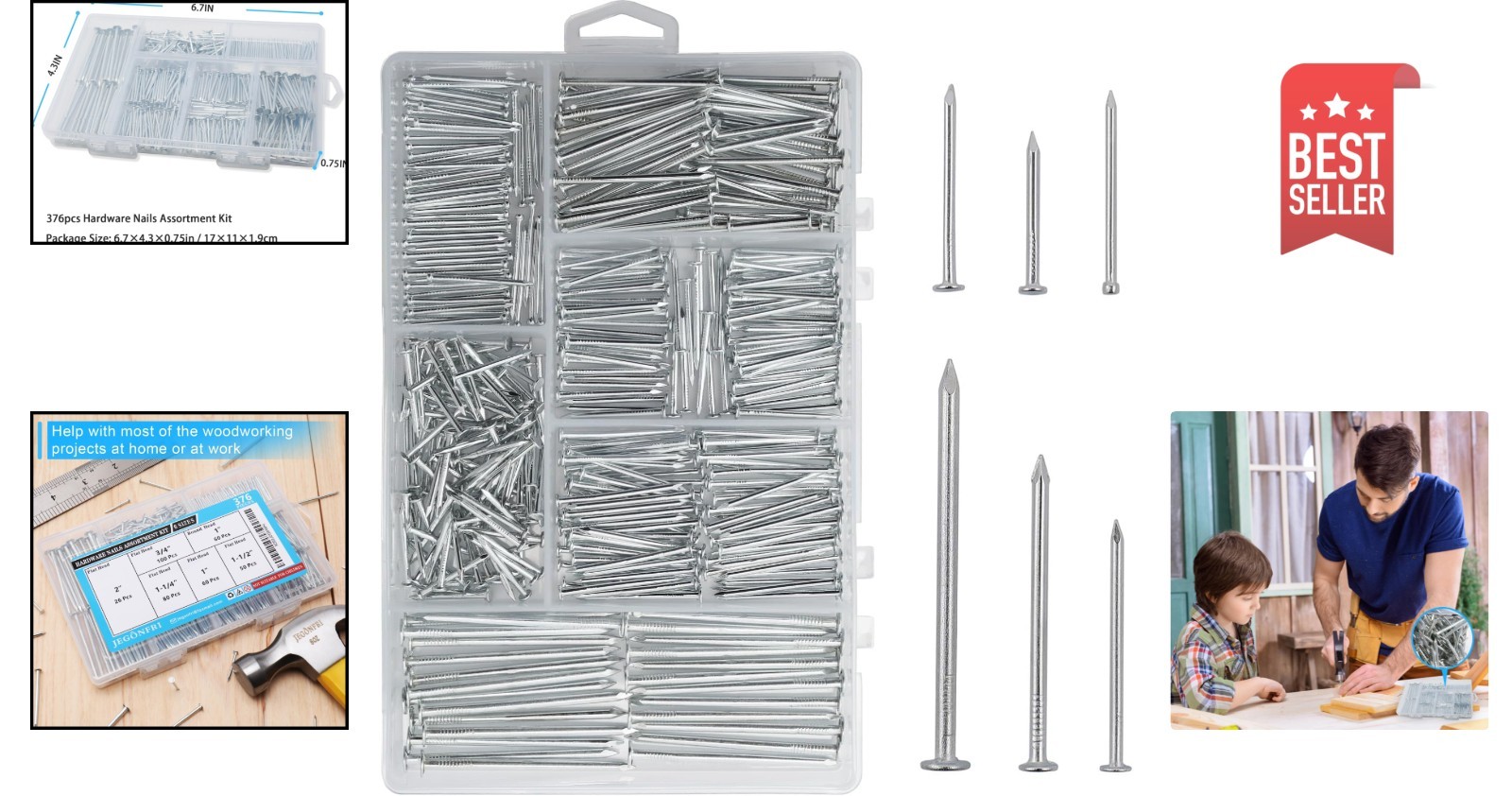 Versatile 376pcs Galvanized Nails in Storage Box – Perfect for Woodworking & DIY