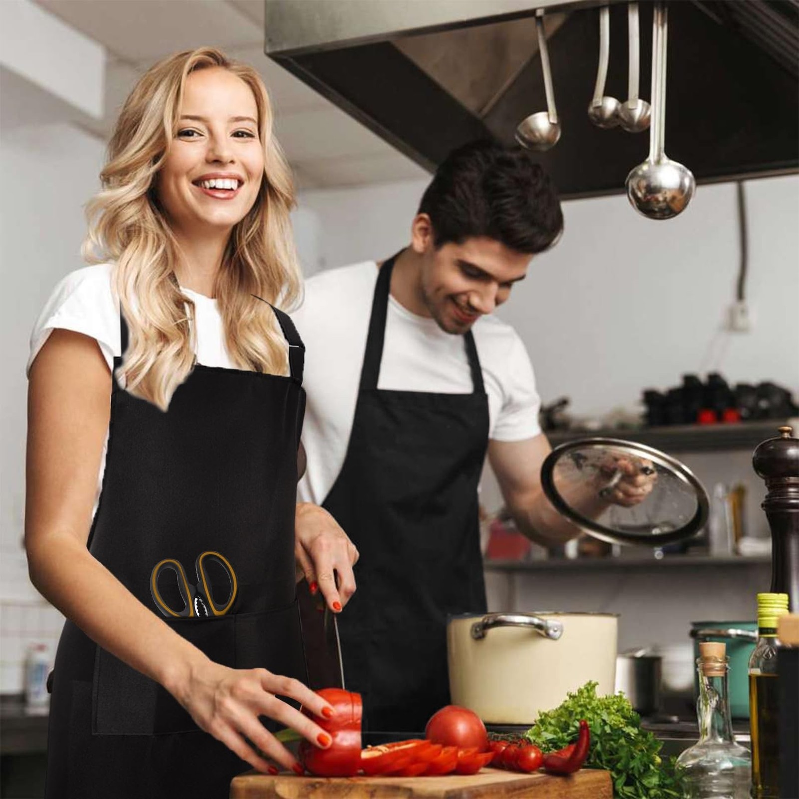 12Pcs Bib Aprons Bulk,Adjustable Black Apron with 2 Pocket,Waterproof Kitchen…