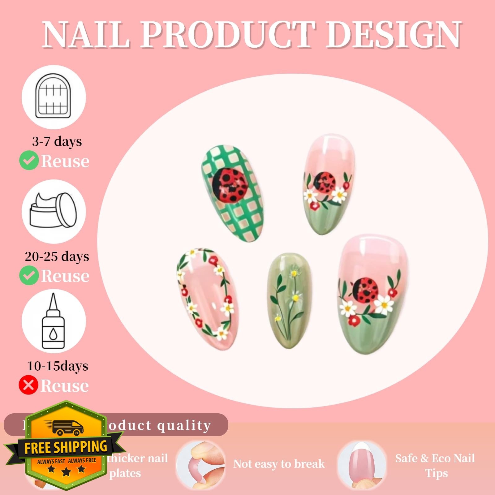 Tephrent Ladybug French tip nails medium
