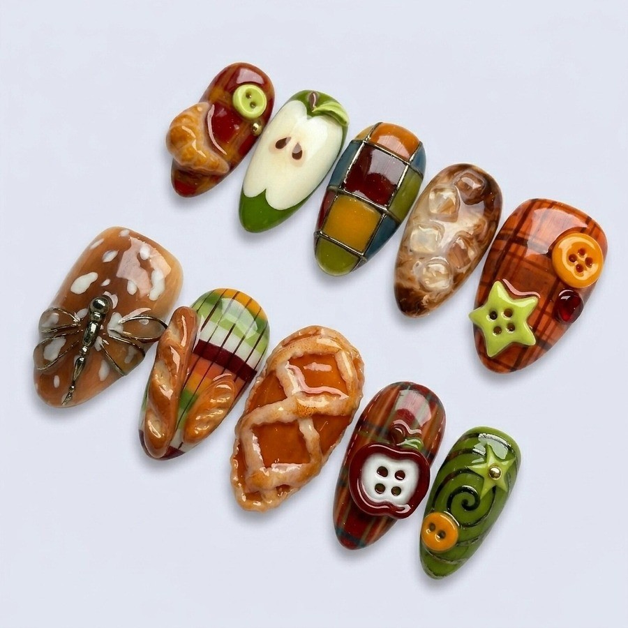 Dessert Handmade Press on Nails Apple Plaid Button Cartoon Gloss Fake Nails