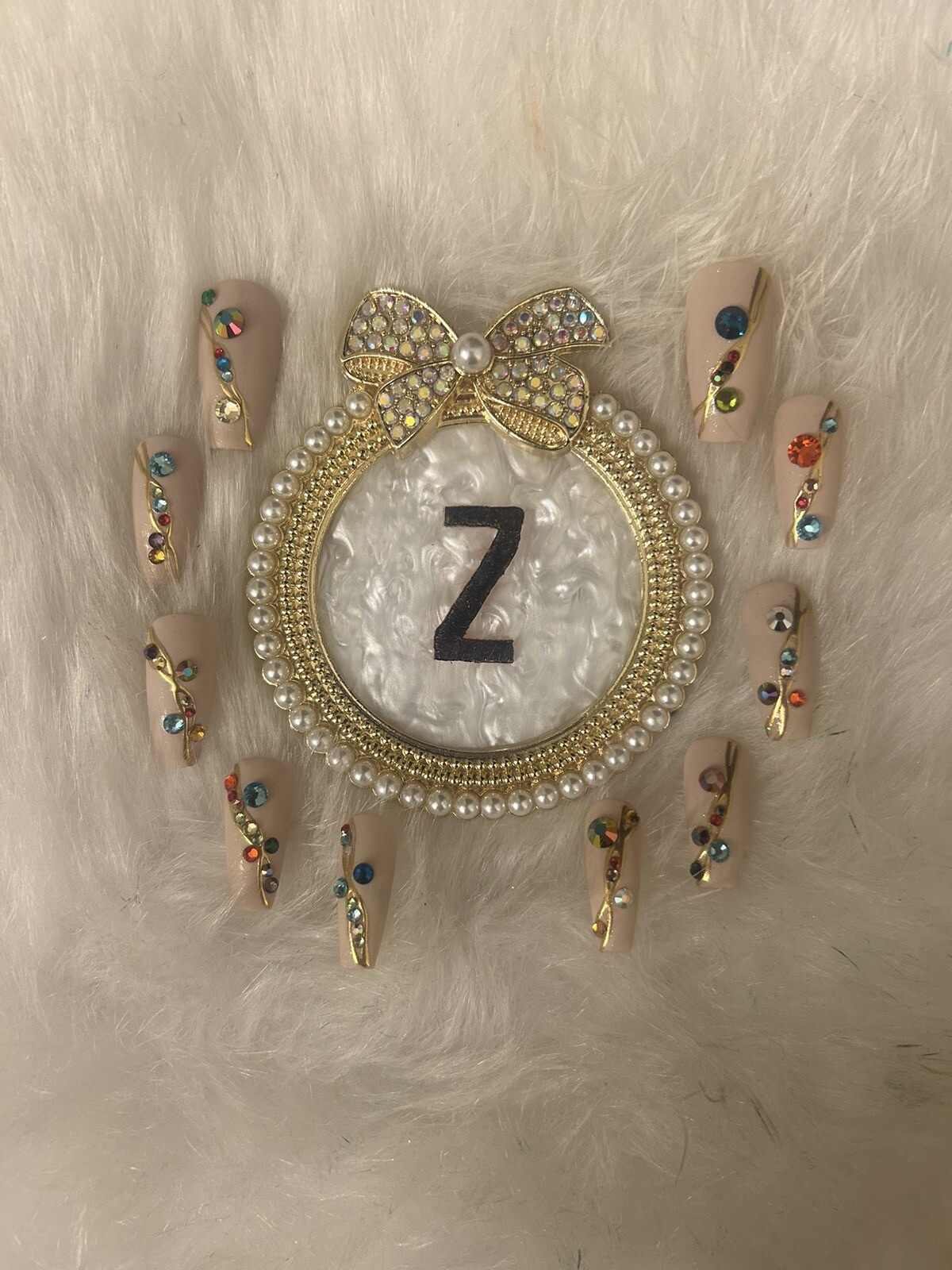 Z NAILZ! Gorgeous Handmade Set Of M Coffin Beige W/multicolored Stones Press Ons