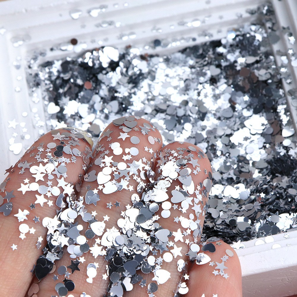 6 Grids Nail Art Glitter Sequins Silver Nail Flakes~Heart Star Round Mixed Shape