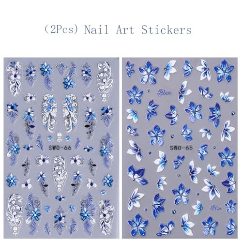 2Pcs 3D Embossed Flower Nail Stickers for Nail Art Self Adhesive Flowers W4