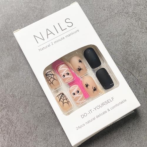 24 Black Halloween Spider Web Square Press On Nails – Women’s Party