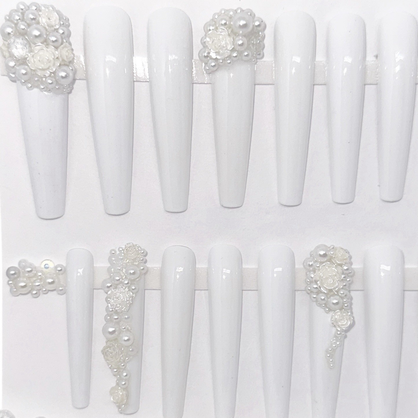 Handmade Custom Press on Nails 2X Long Coffin Wedding White Pearls & Roses Nails