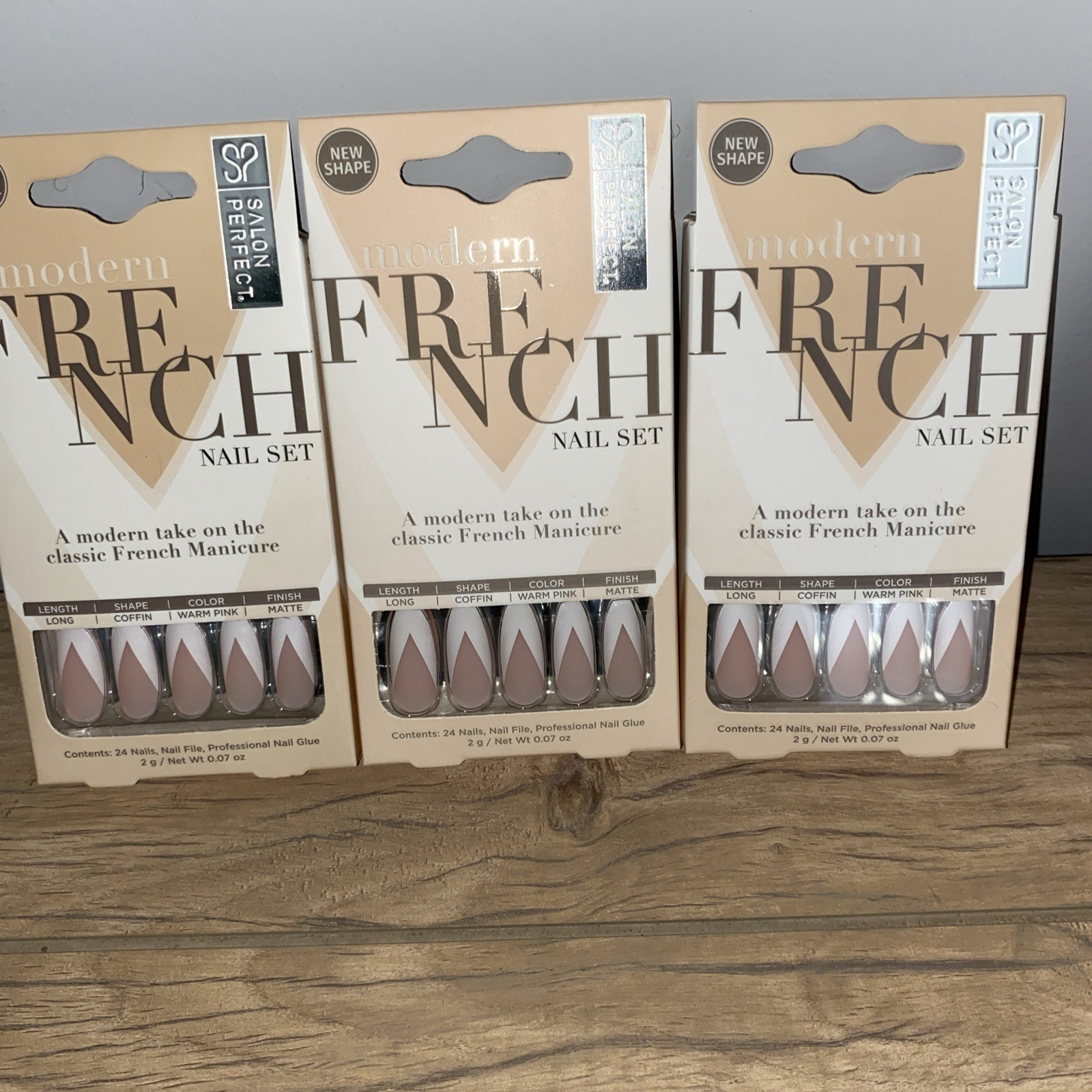 Salon Perfect Modern French Nail Set Faux 24 Per Box Long coffin matte X3