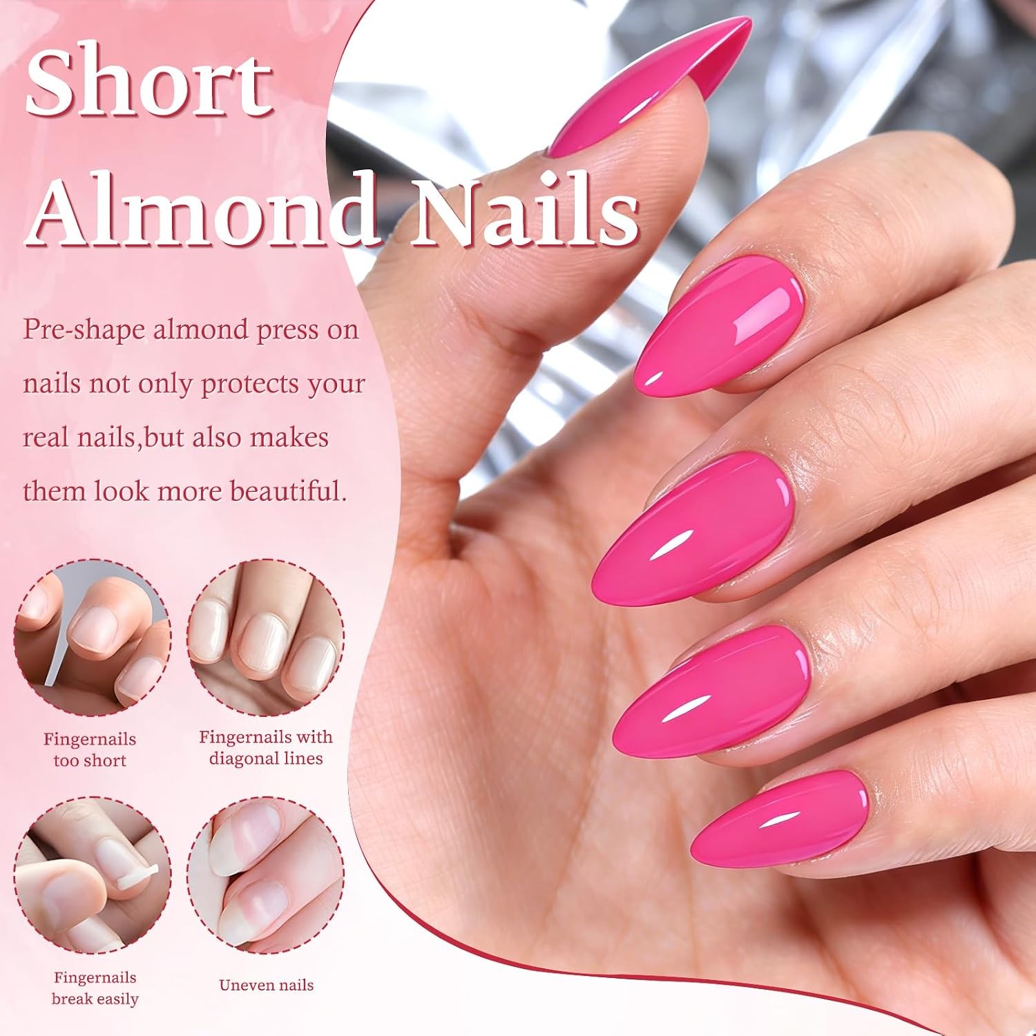 160Pcs Press on Nails Short Almond – Hot Pink Nails Press ons with 5 Pieces Jell