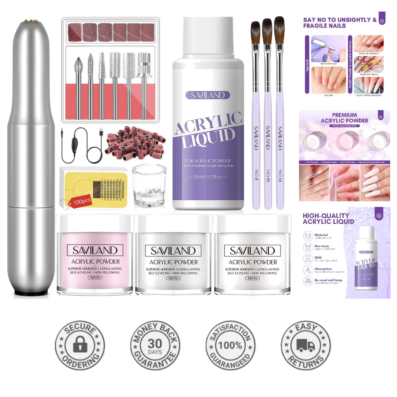 Beginner-Friendly Acrylic Nail Kit with Drill: 100 Forms & 3 Colors Included