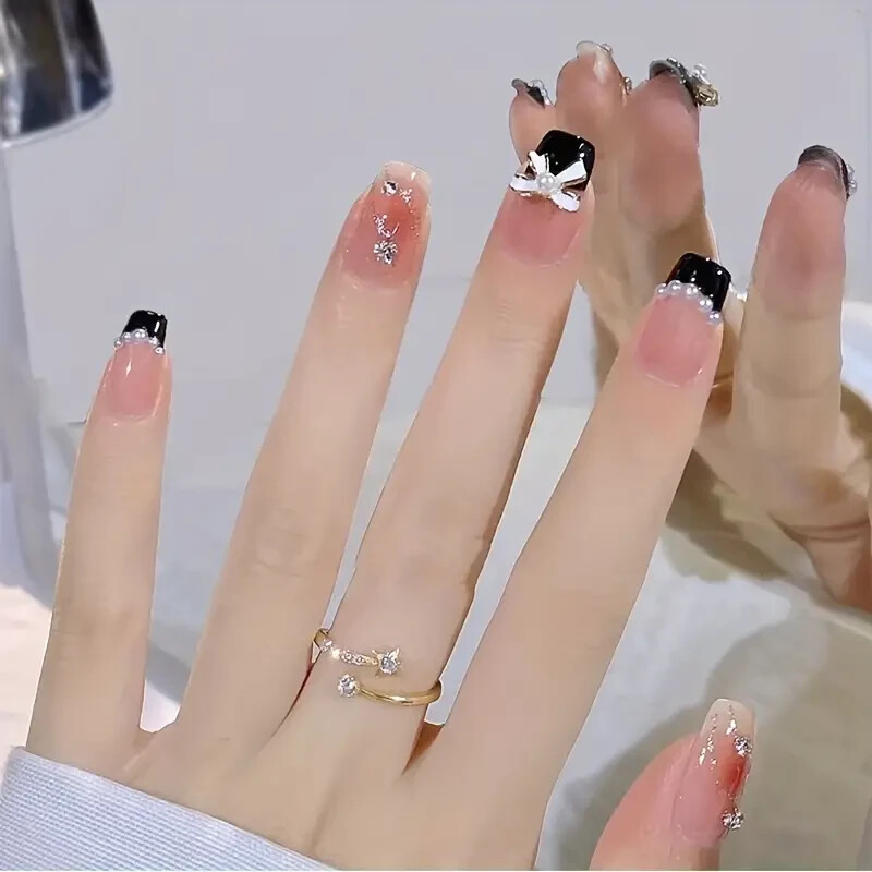 New – 3D Rhinestones Nails Full Cover Stick 24 pcs. ( Short Pink Black Tip) US