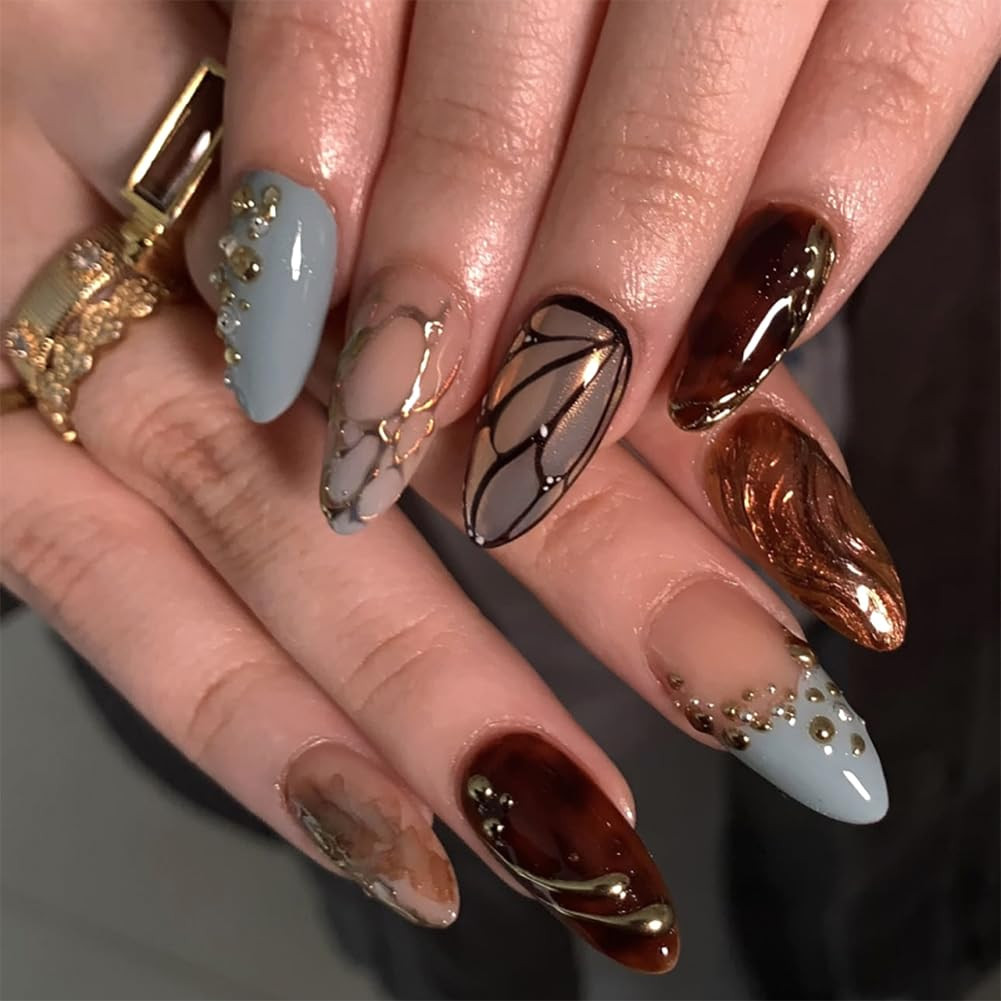 Almond Press on Nails Medium Fake Nails with 3D Ripple Bubble Pink Flower Pearls