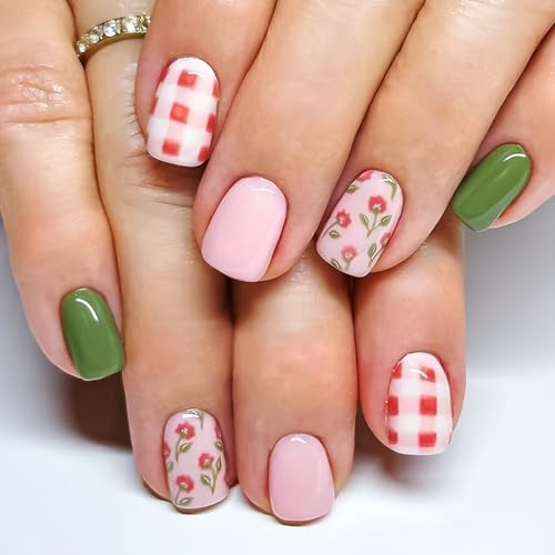 Spring Summer Short Square Press on Nails Red Flowers & Checker Design Style-31