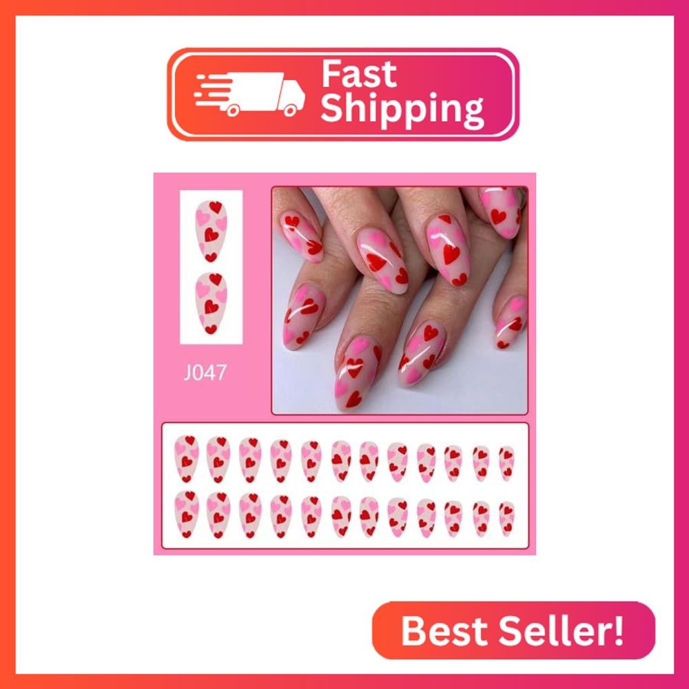 Valentine’s Day Press on Nails Medium Almond Fake Nails Cute Nails Press ons wit