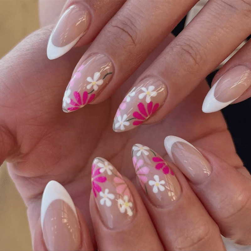 48 pieces of medium long almond nail pink daisy French style nail art