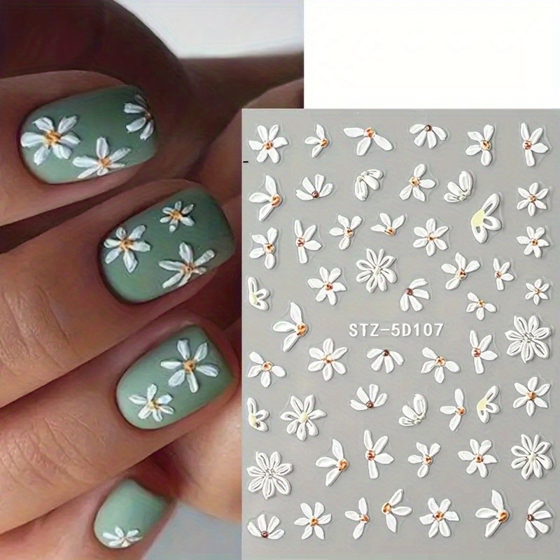 6PCS 5D Embossed Daisy Nail Stickers Shiny Self-Adhesive DIY Nail Glam Kit