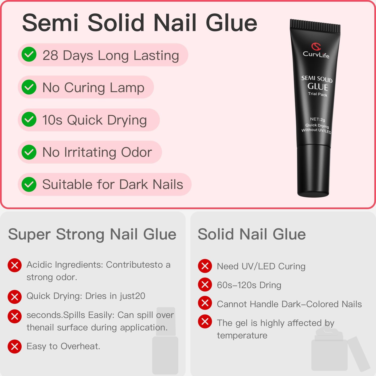 CurvLife Nail Tips Semi Solid Glue 2g (5pcs) – Super 12-15 Sizes, Black