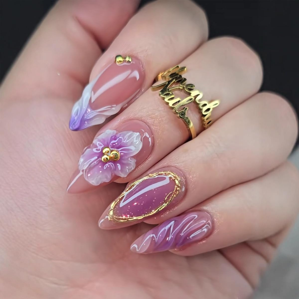 24Pcs French Tips Press on Nails Long Almond Fake Nails 3D Flower False Nails Pu