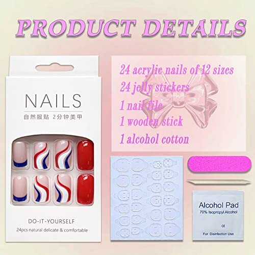 4th of July Press on Nails Extra Short Square French Tip Fake ID Nails Style7