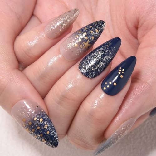 24Pcs – Medium Almond – Ombre Blue & Star Press – 24 Ounce