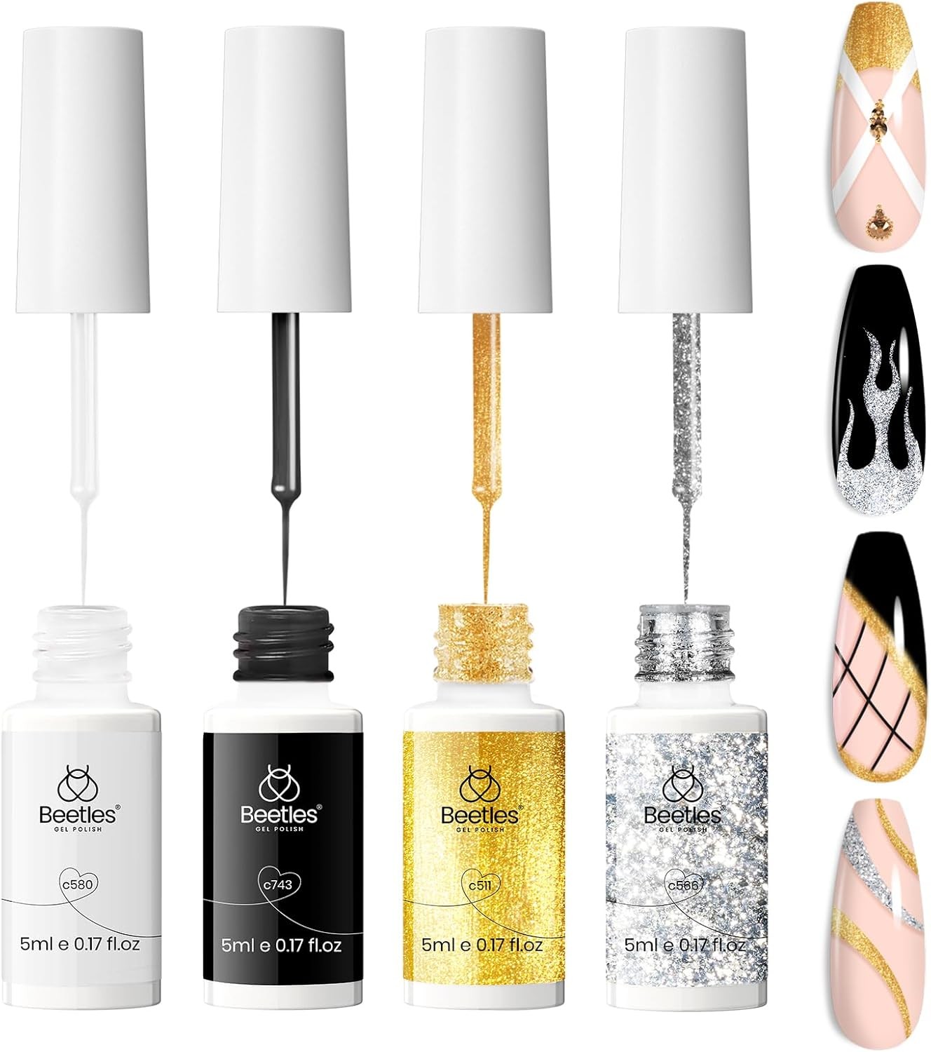 beetles l Polish Nail Art Liner l Polish Set- 2 Bla White