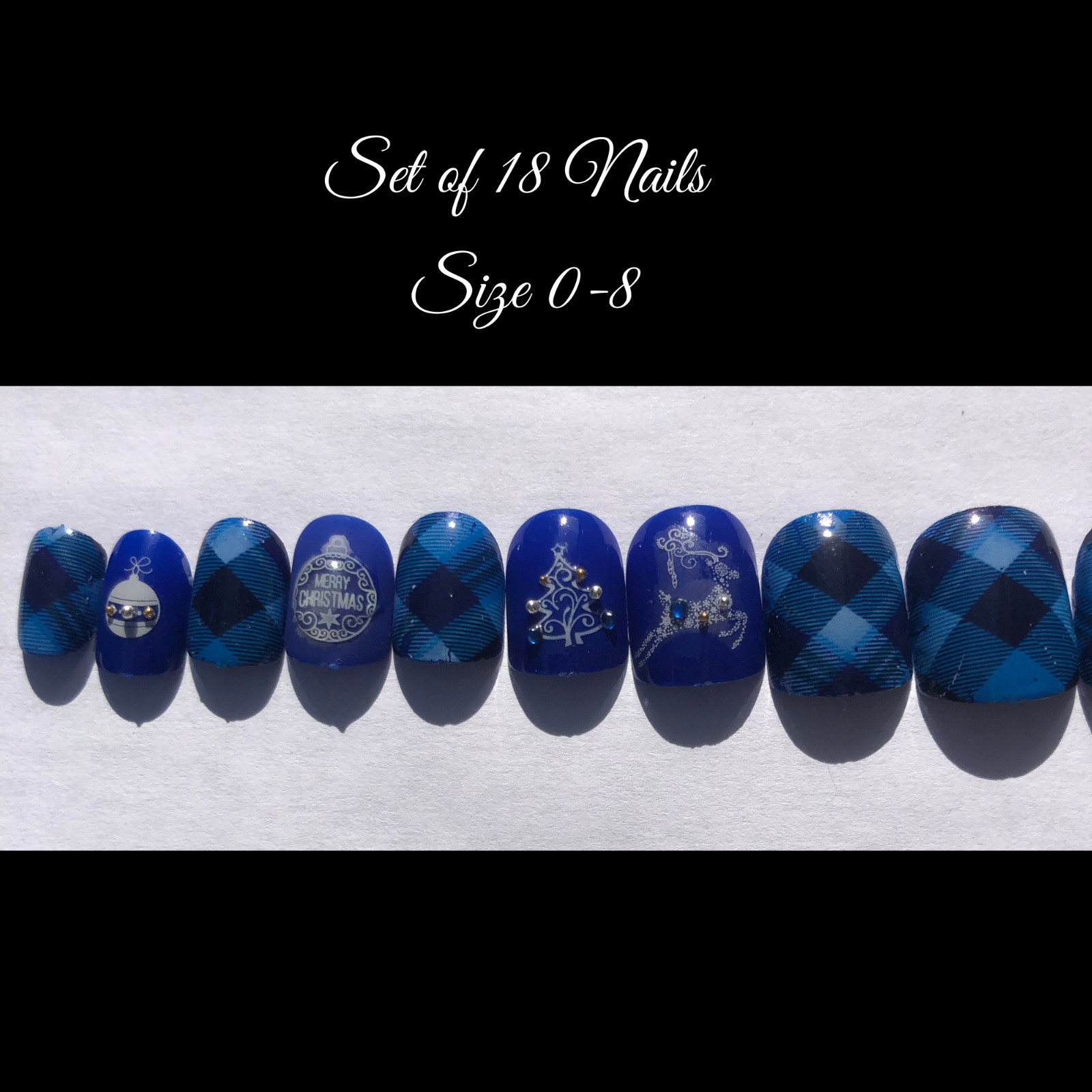 Blue Plaid with Snow globe – press on nail set- (Set of 18 sizes 0-8) Short Oval