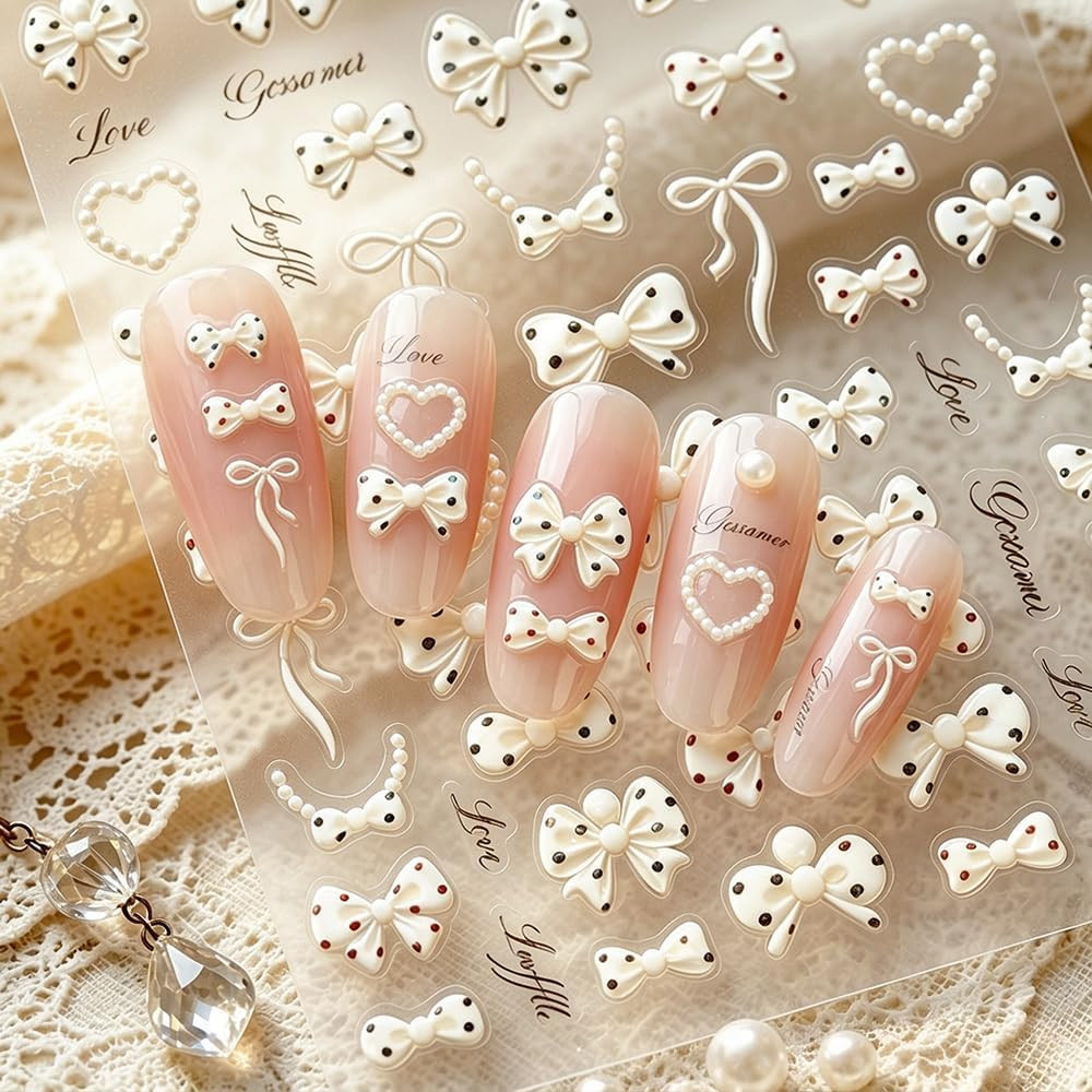 5D Embossed Polka Dot Bow Nail Stickers Shell Light Cute Heart Bow Nail Decals F