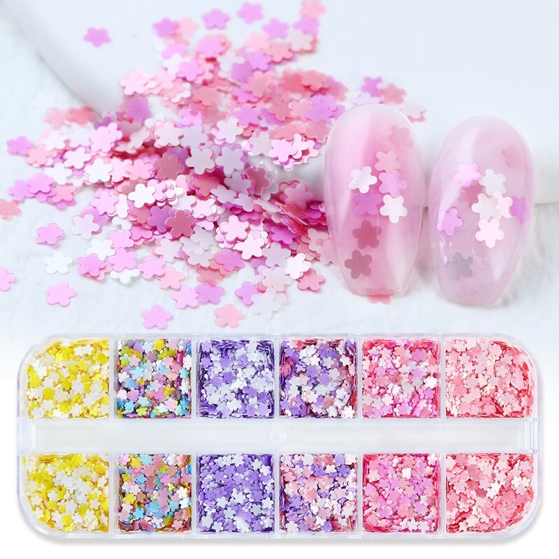 12 Grids Nail Sequins ~Glitter Flower Flakes Sparkly False Nail Art Tips Decor