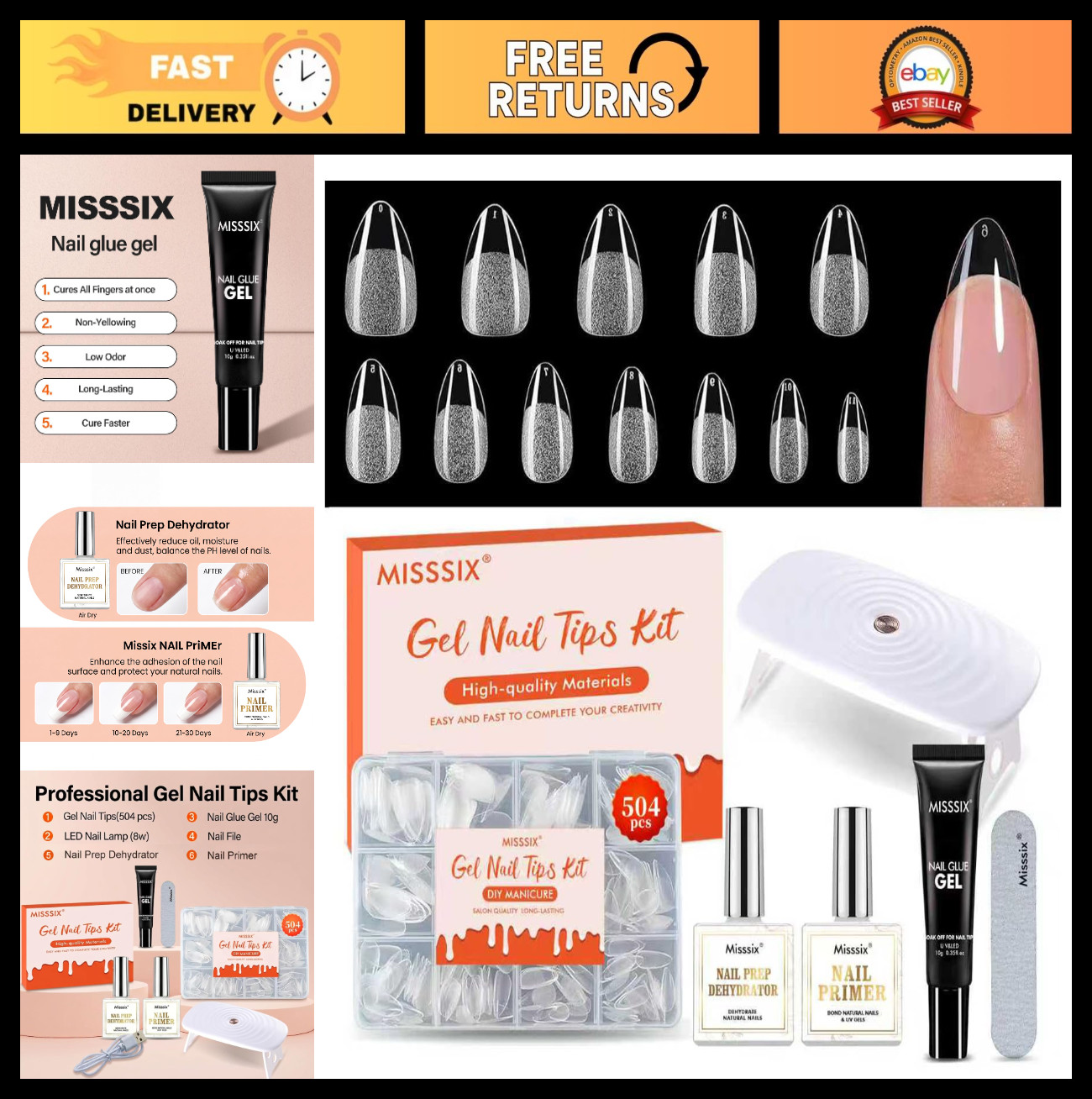 504Pcs Short Almond Nail Tips Kit with Dehydrator, Primer, Gel Glue & Mini UV La