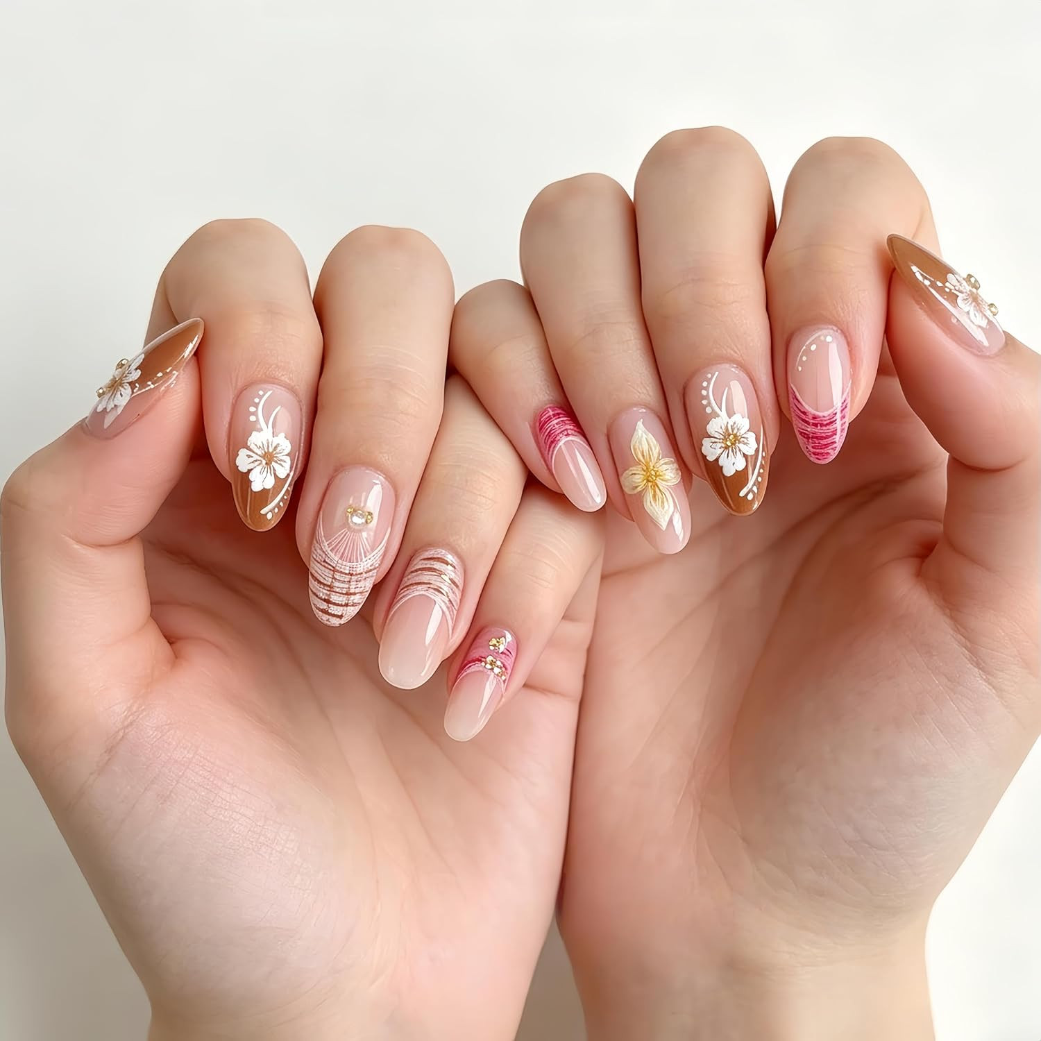 24Pcs Flower Press on Nails Medium Almond Fake Nails with 3D Flower Gold Beads P