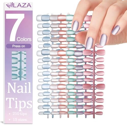 210pcs Glass bead Matte Cat Eye Press on Nails for Women 7 Matte Macaroon