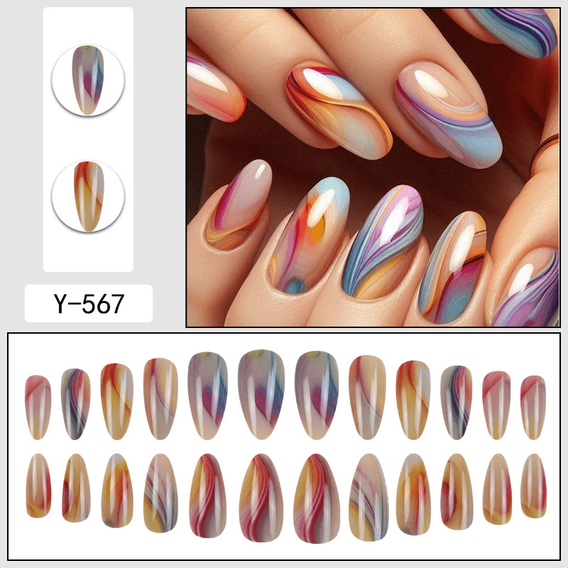 48P Long Almond Press on Nails, Colorful Swirl Marble Gradient Fake Nails