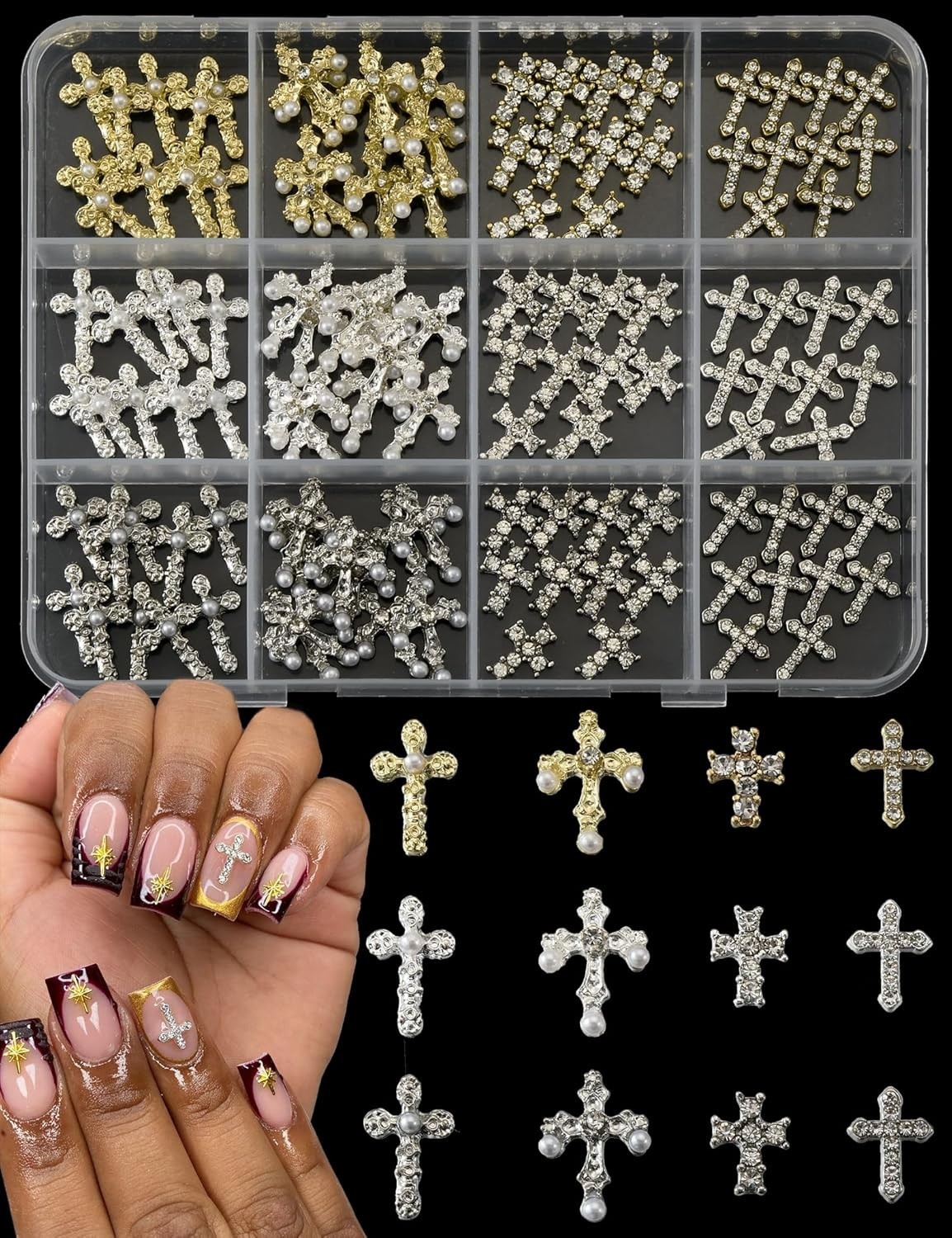 120 Pcs 3D Cross Nail Charms 12 Grids Metal Nail Art Charms White Gold Silver…