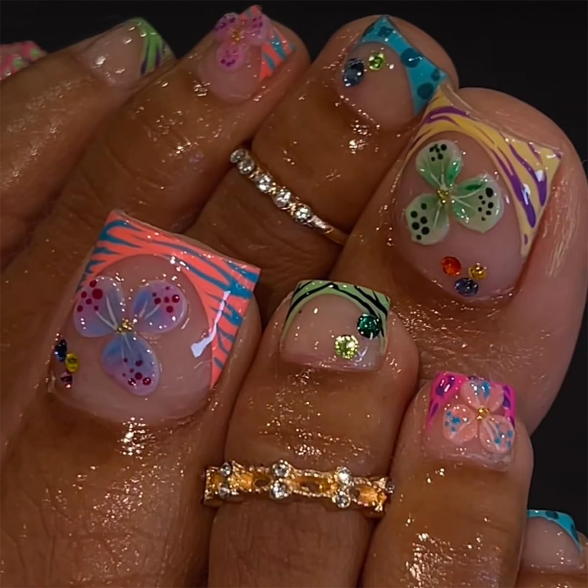 Summer Beach Press On Toenails with Hawaii Flower,Dopamine French Tip Fake To…