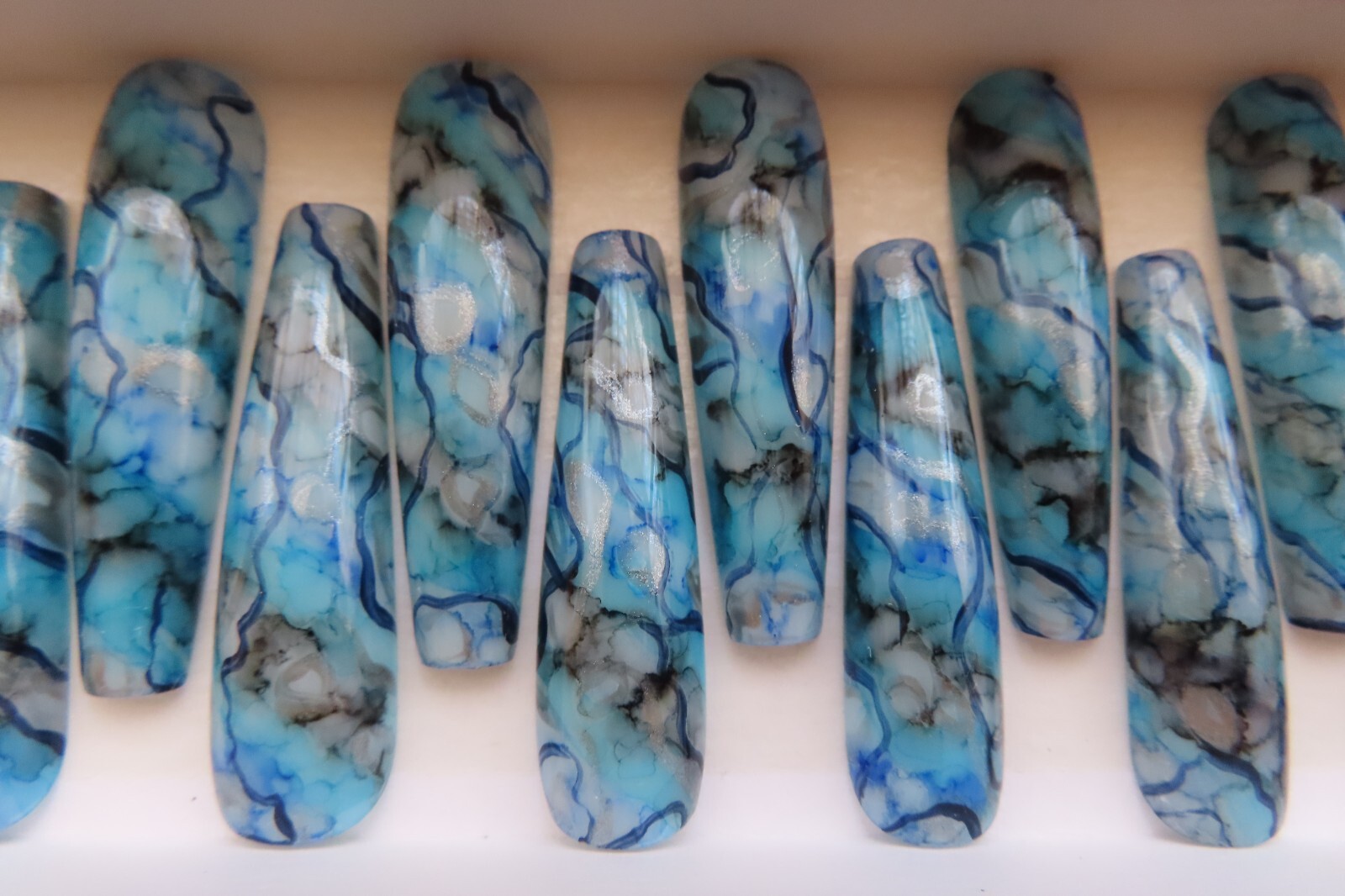 XL Blue Black Silver Metallic Ink Square Coffin Press On Nails (20)