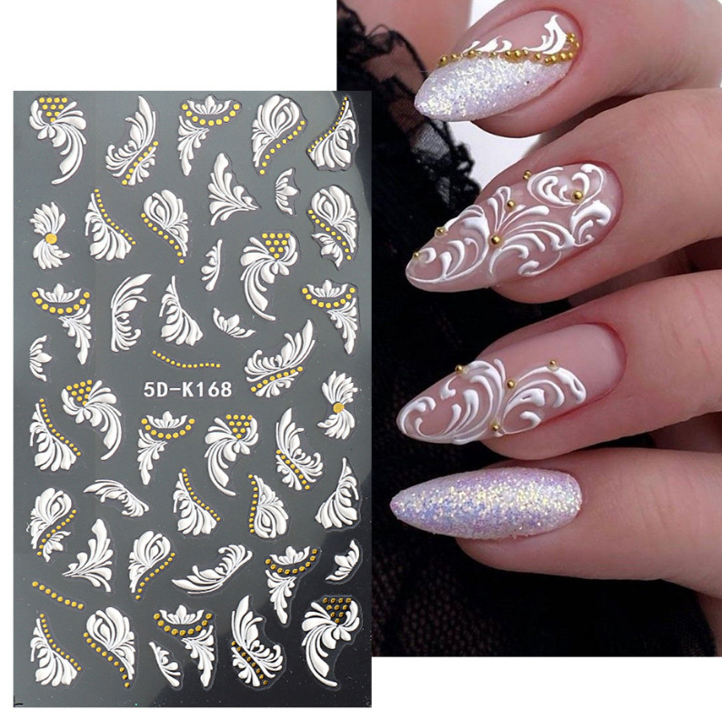 5D Nail Stickers Embossed White Rose Flower Decals Art Decora Wedding Party NH7