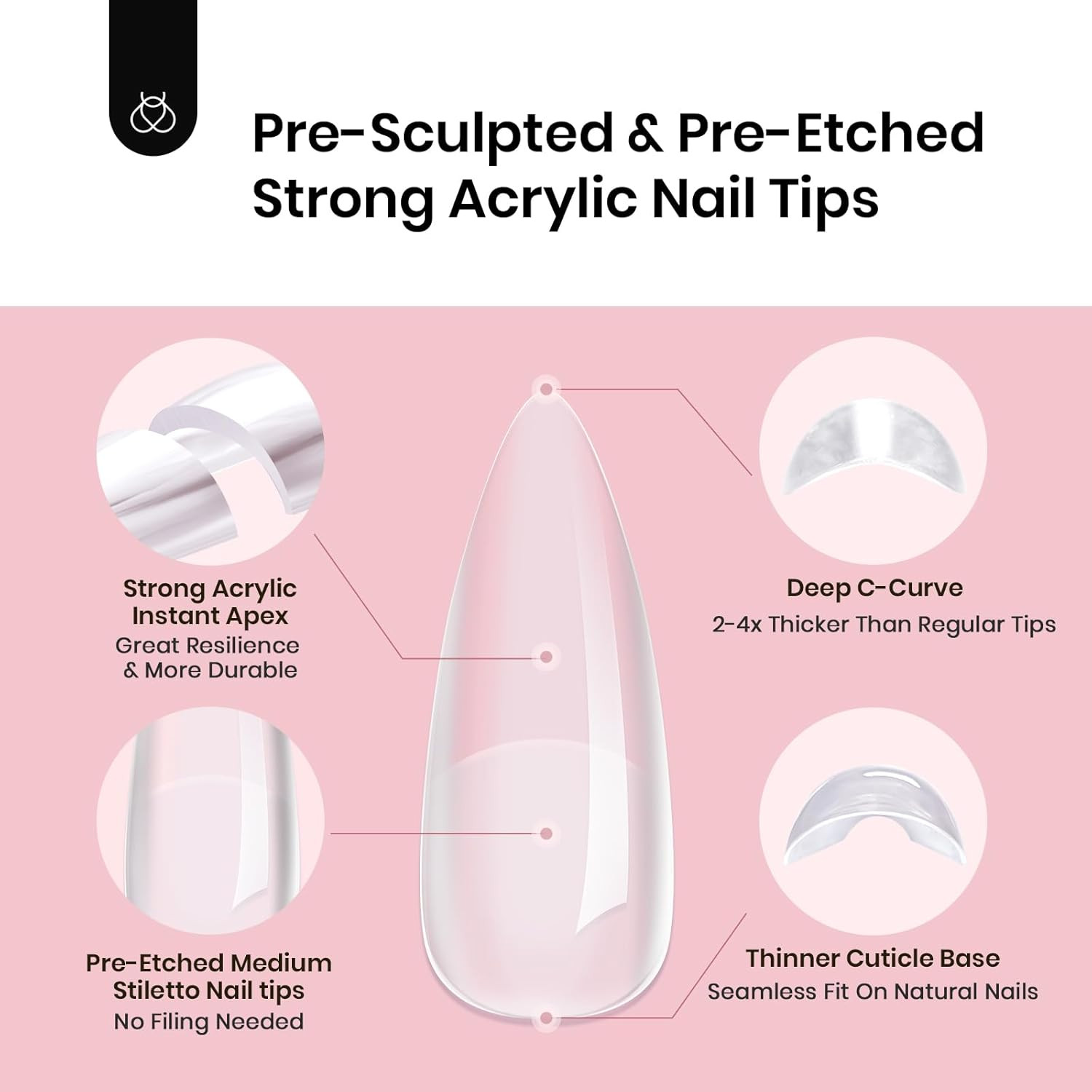 Beetles Tipex Instant Apex Nail Tips, Stiletto Medium, 16 Sizes (00–14), 192Pcs,