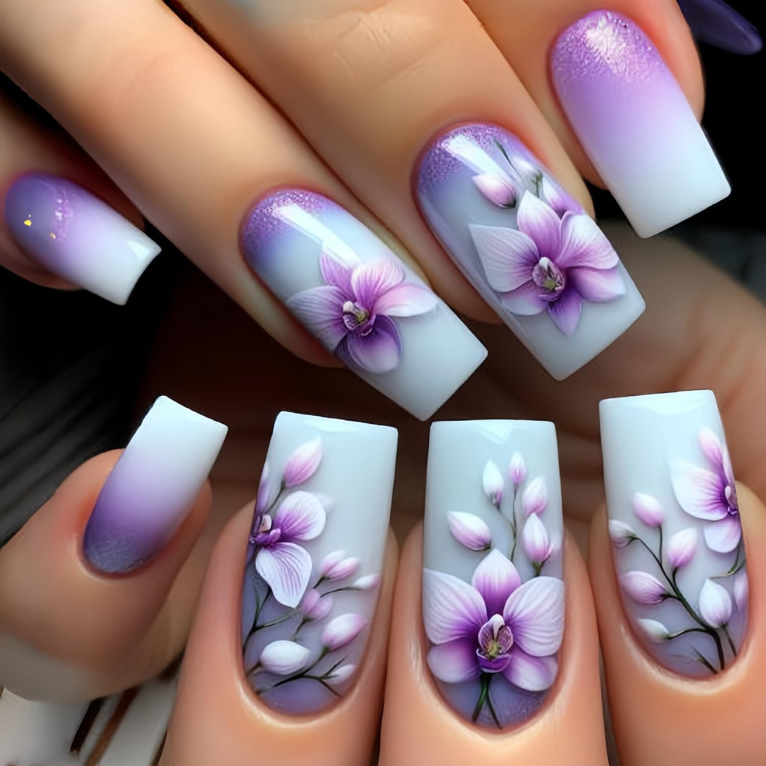 Rainbow Stripes Press on Nails Long Length Flower Love Heart Stripes Pattern Des