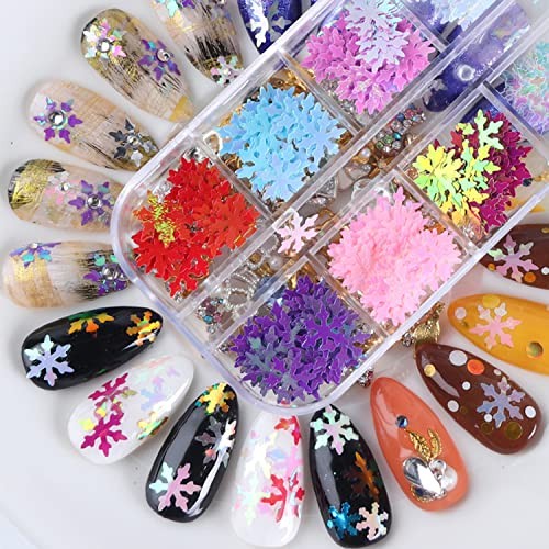 Glitter Nail Art Sequins, 3D Christmas Sparkly Flakes Design, 12 Snowflake