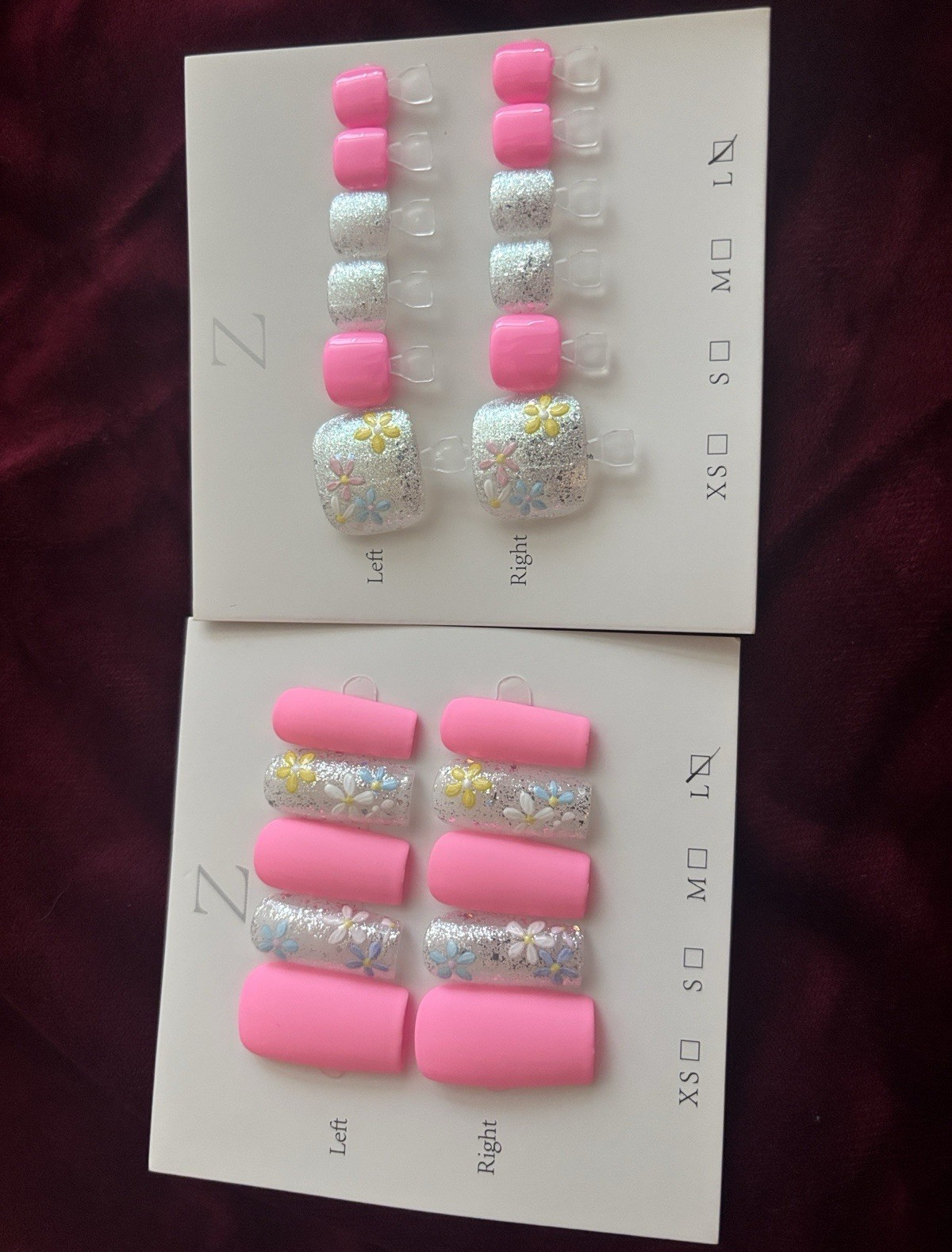 Press-On Nails Set Pink/Silver Glitter Flowers Pre-Designed Long Square