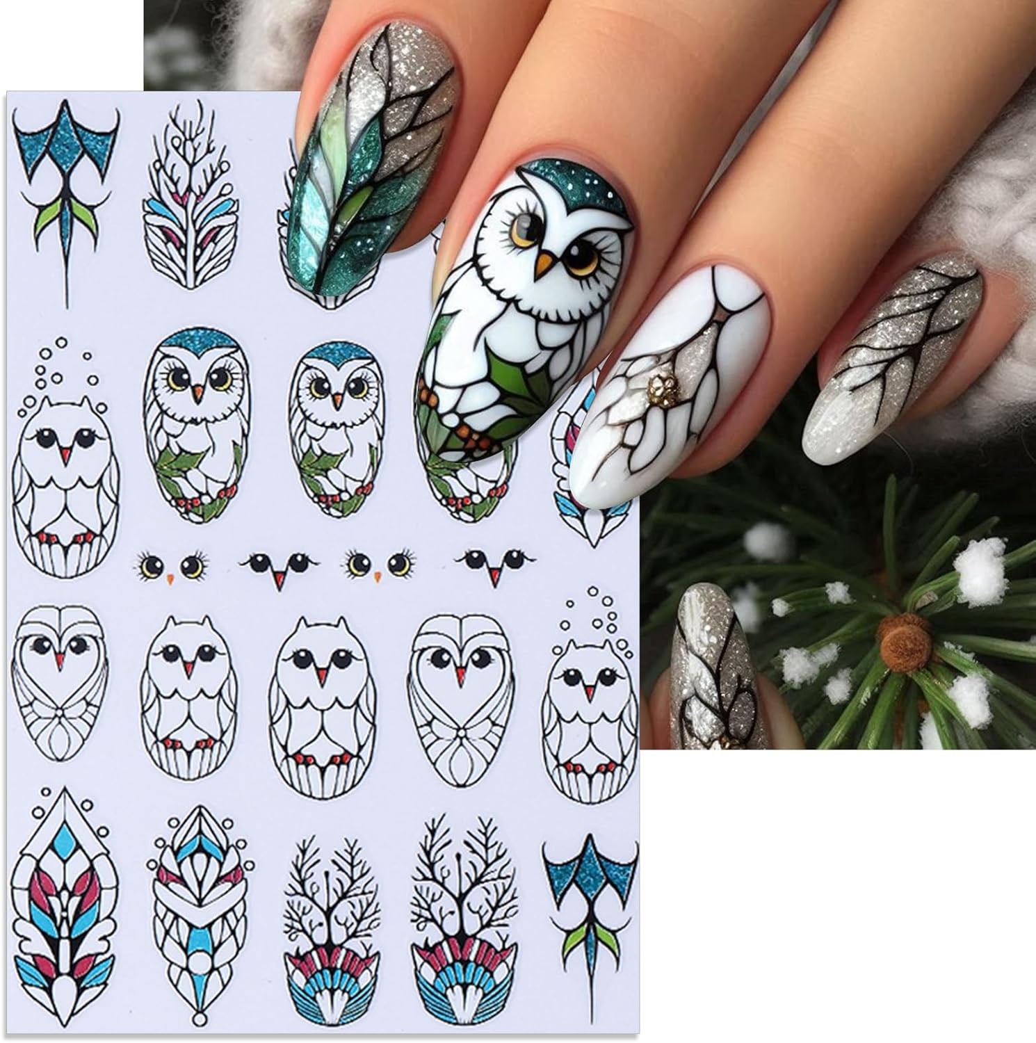6 Sheets Christmas Nail Stickers, Winter Owl & Snowflake Self-Adhesive Mix
