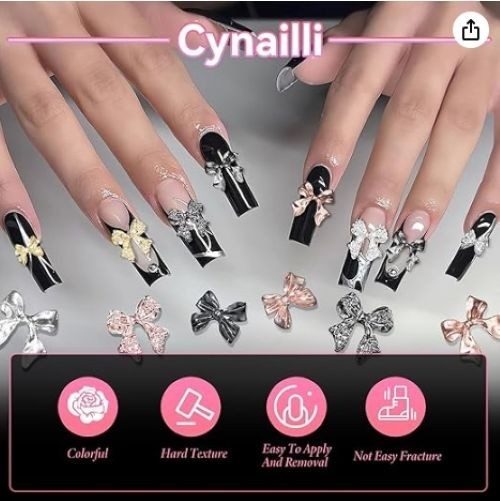 60pcs Bow Nail Charms 3D Metal Gems Gold Silver Black Nail Art Set