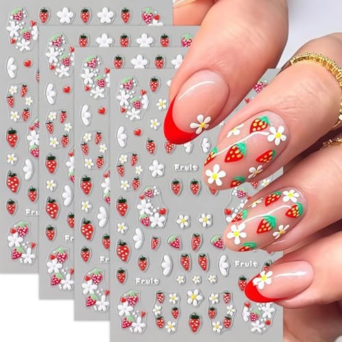 4Pcs Flower Nail Art Stickers Decals 5D Embossed Floral Strawberry strawberry