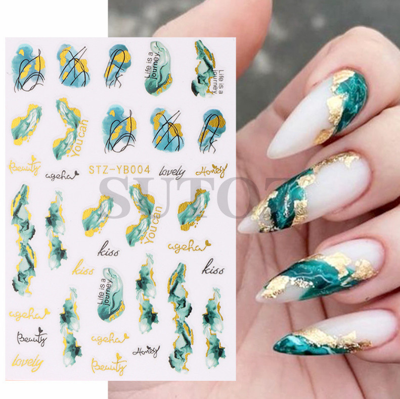 Gold Edge 3D Self Adhesive Nail Art French Lines Marbles Hearts Eyes Design NS43