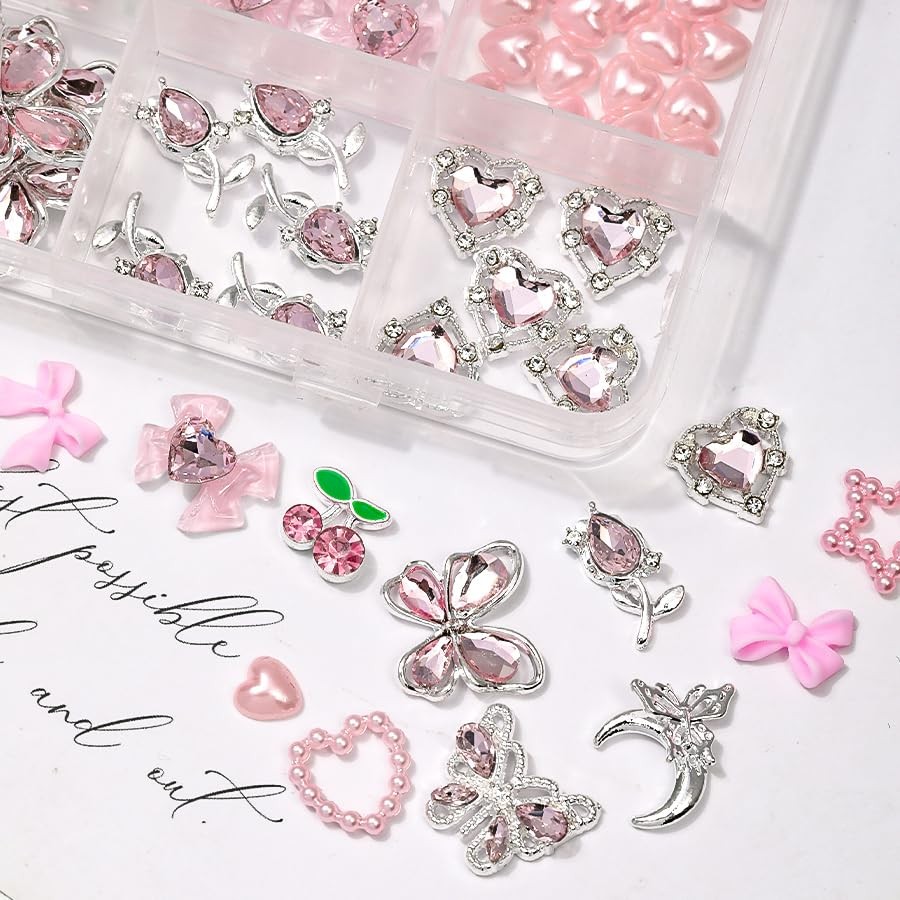 110PCS 3D Pink Cherry Heart Bow Nail Charms and Rhinestone, Junk Case Charms,…