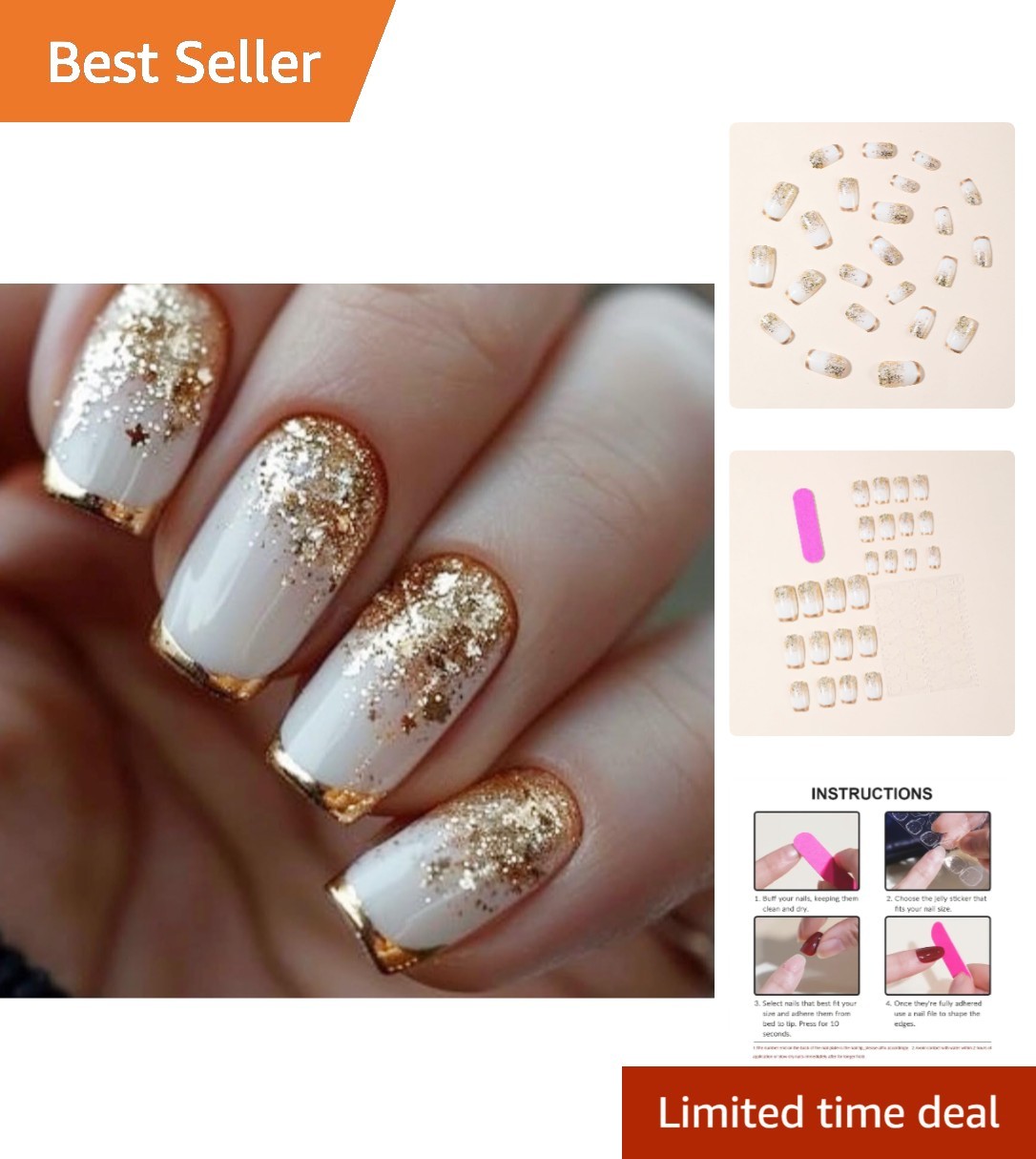 24Pcs Medium White Press On Nails with Gold Glitter – Glamorous Fall Manicure