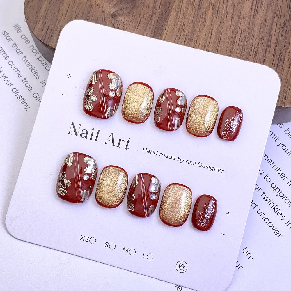 10Pcs Gradient Wine Red Gold Nails Cat Eye Pearl Foil Party Nail Art