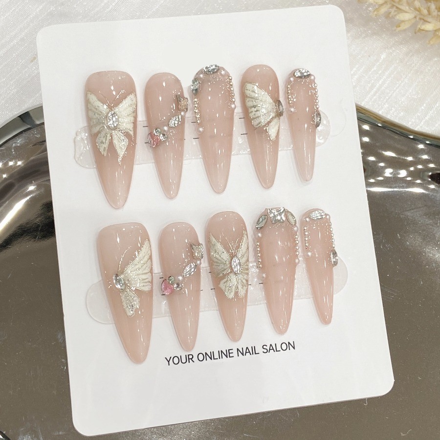 10Pcs Nude Rhinestone Swallowtail Butterfly 3D Carved Medium Almond Nails