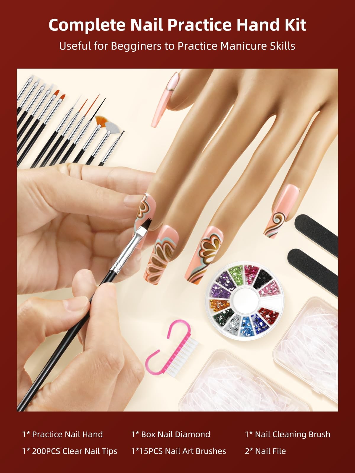 NIQZOPA Practice Hand for Acrylic Nails, Tips Won’t Fall Off Mannequin Brown