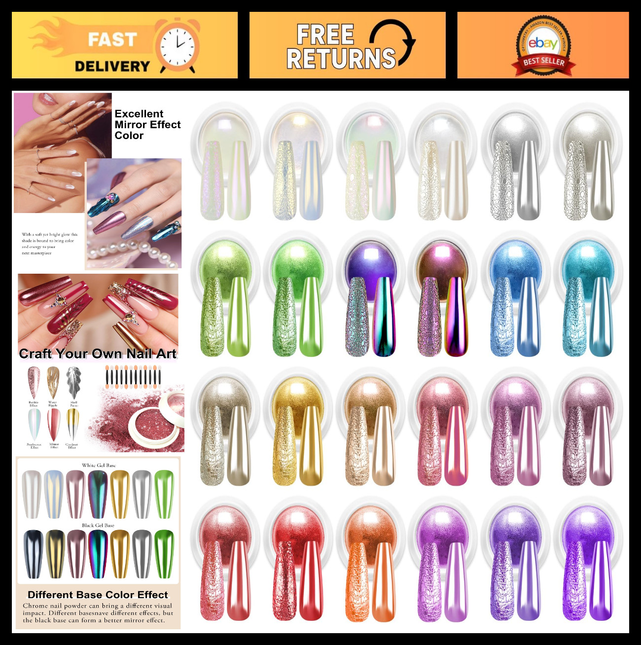 Metallic Holographic Chrome Nail Powder Set – White Pearl Gel Nail Art DIY Gift